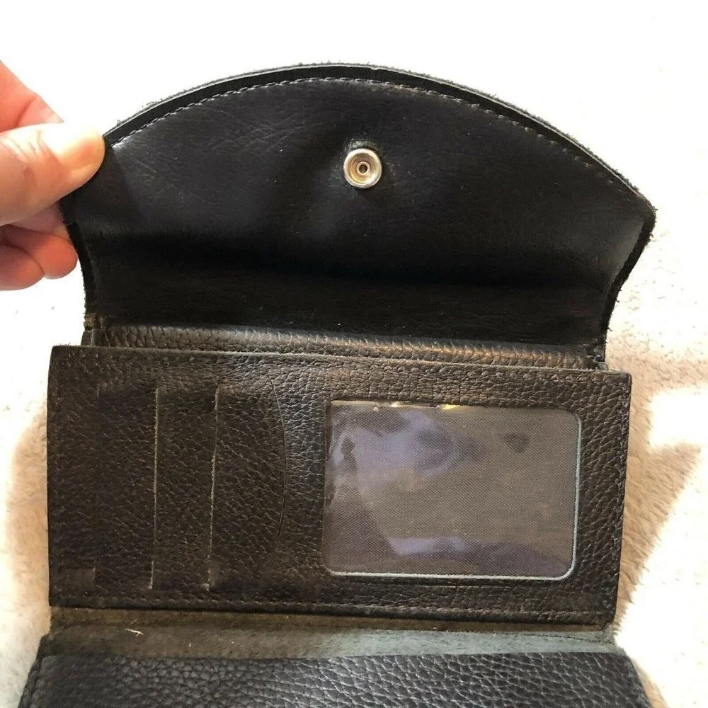 Vintage HARLEY DAVIDSON Biker Black Leather Large Trifold Wallet Embroidered